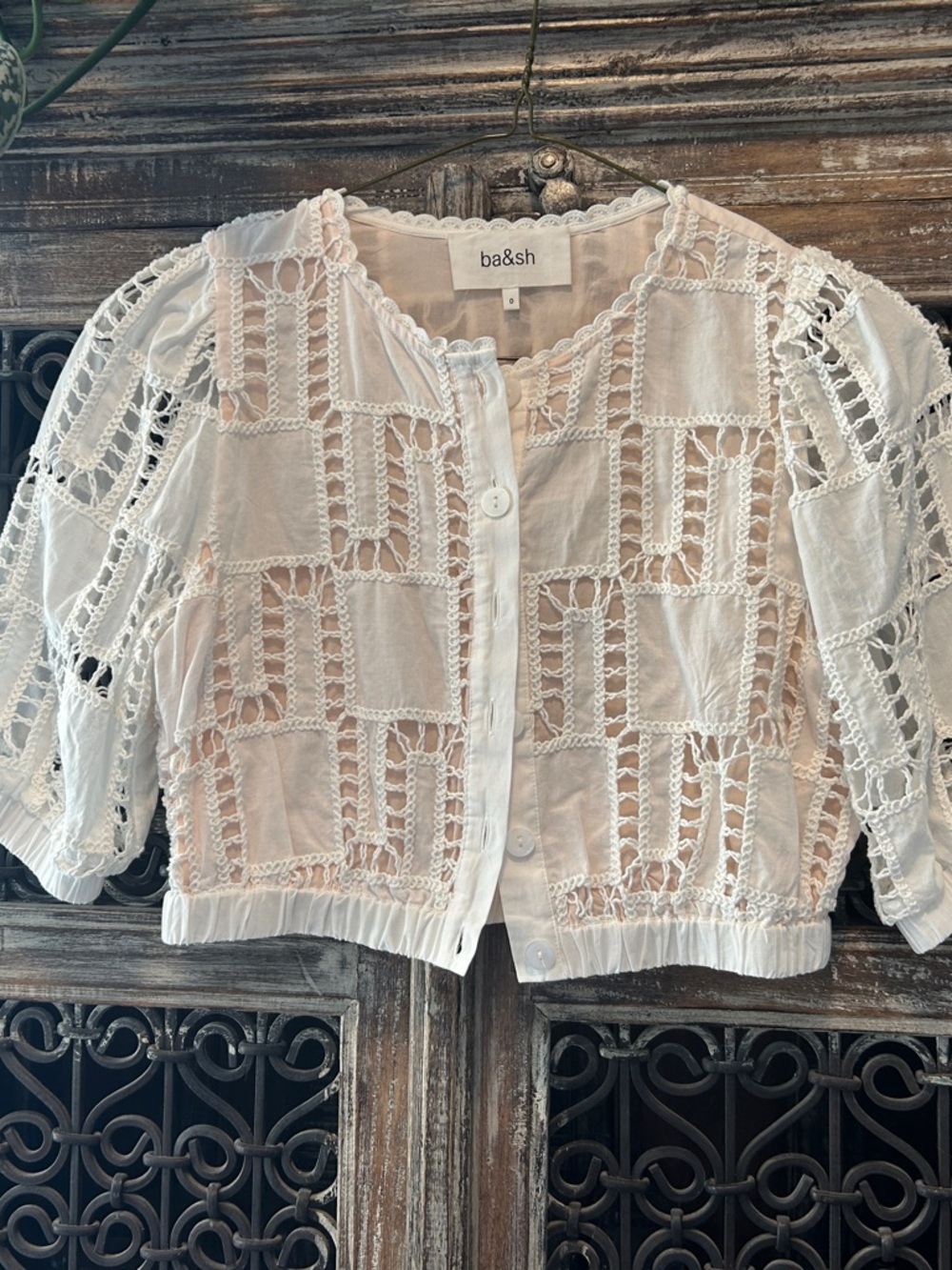 ba&sh Sheer Lined Off White Lace-Trim “Lady” Blouse